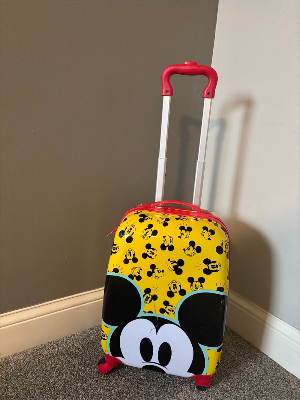 Disney Mickey Mouse Kids Luggage bright yellow and Red Trim. Used twice